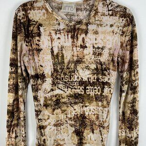Collection Rio Top Blouse Size M Beige Brown Long Sleeve Round Neck Stretch